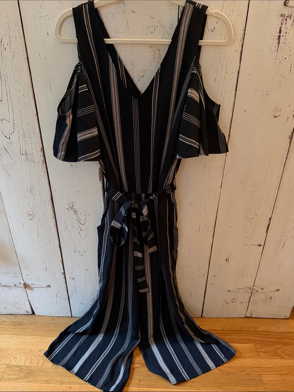 Charming Charlie Striped Cold-Shoulder Jumpsuit